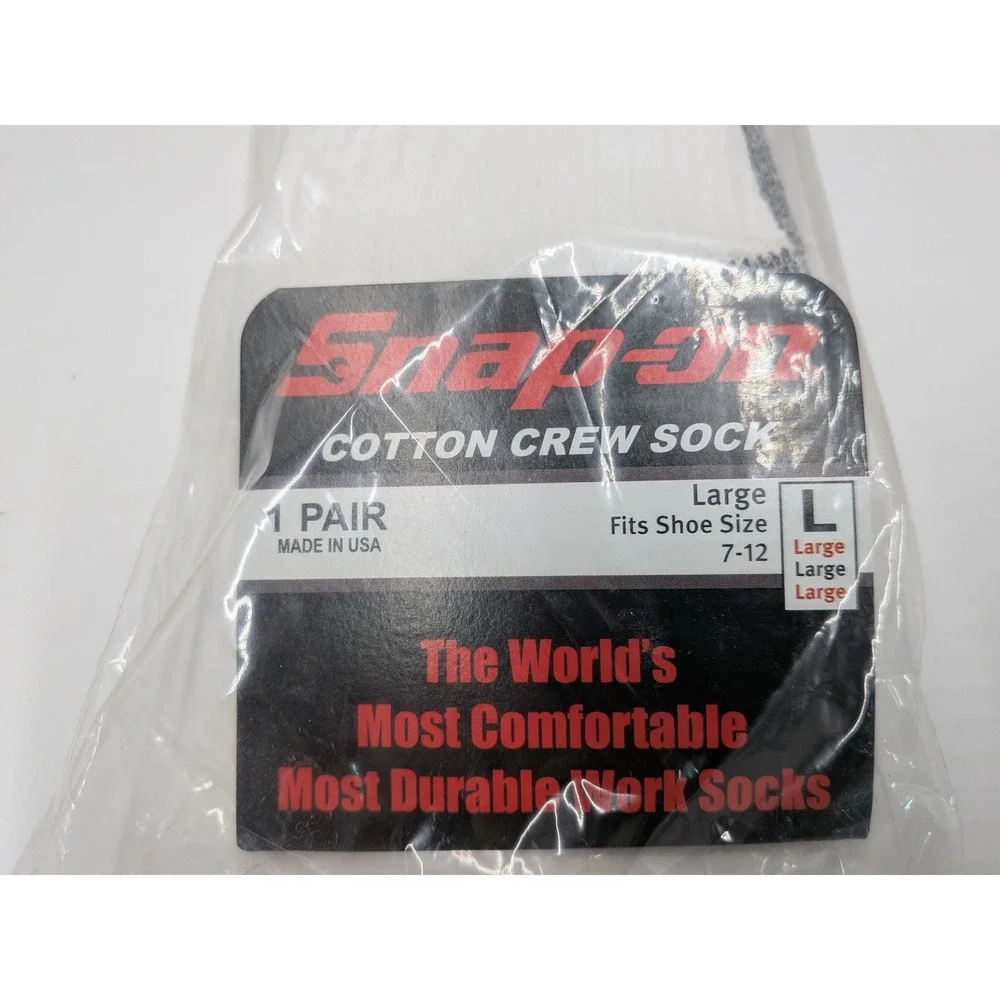 Snap-on 3 Pack Men White Cotton Crew Socks Large Shoe Size 7-12 Made in USA